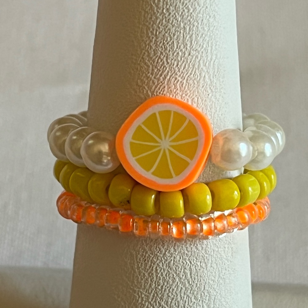 Handmade Orange Beaded Ring Set, Stretchy